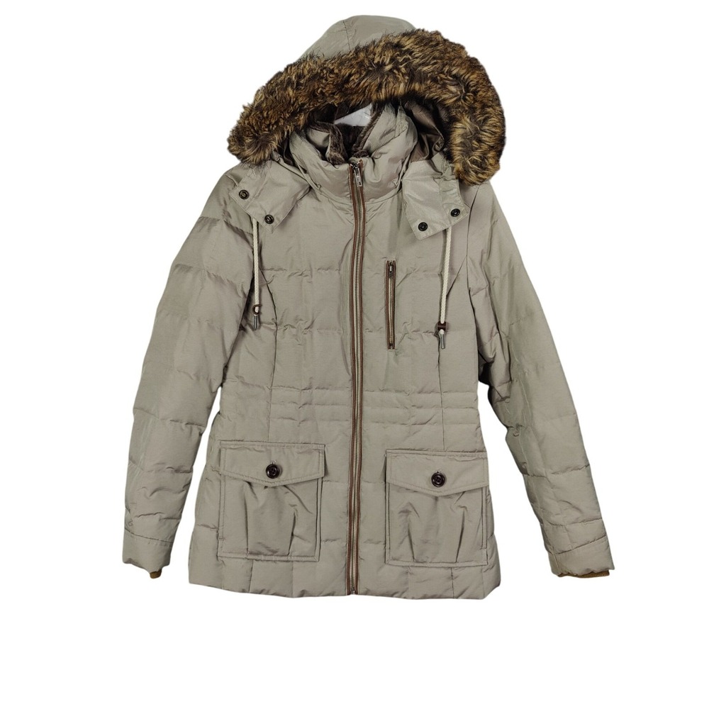 Eddie Bauer Womens Gorp Outdoor Quilted Down Puffer Jacket XS Tan Faux Fur Hood